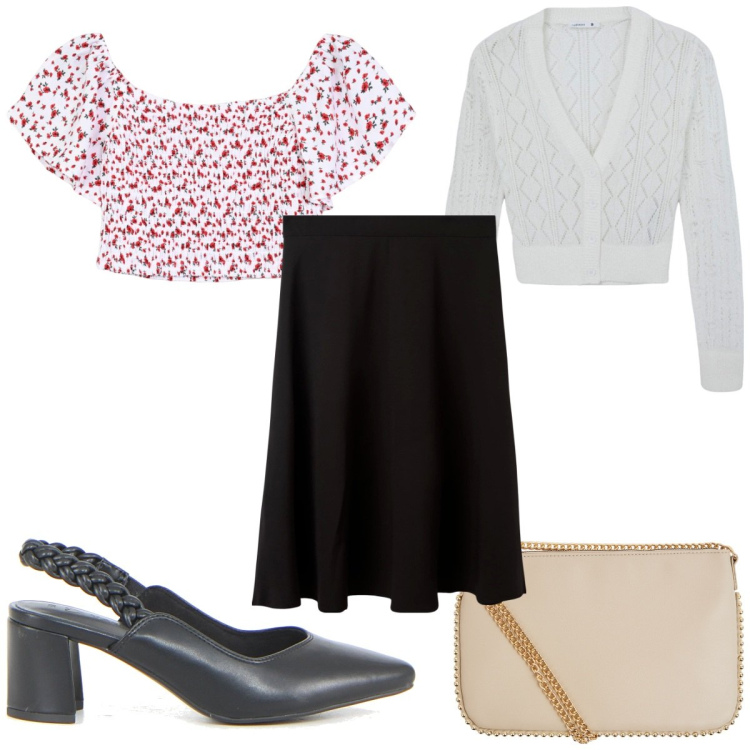Outfit donna - Sensuale e raffinata in città. Stile Trendy per Tutti i giorni. Abbinamento con borse a tracolla, cardigans, bluse, gonne lunghe, décolleté.