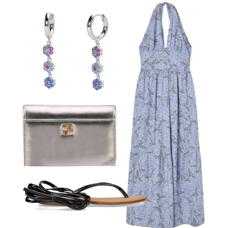 Outfit donna - Serata shabby chic. Stile Romantica per Serata fuori. Abbinamento con vestiti, orecchini, borse a tracolla, sandali alla schiava.