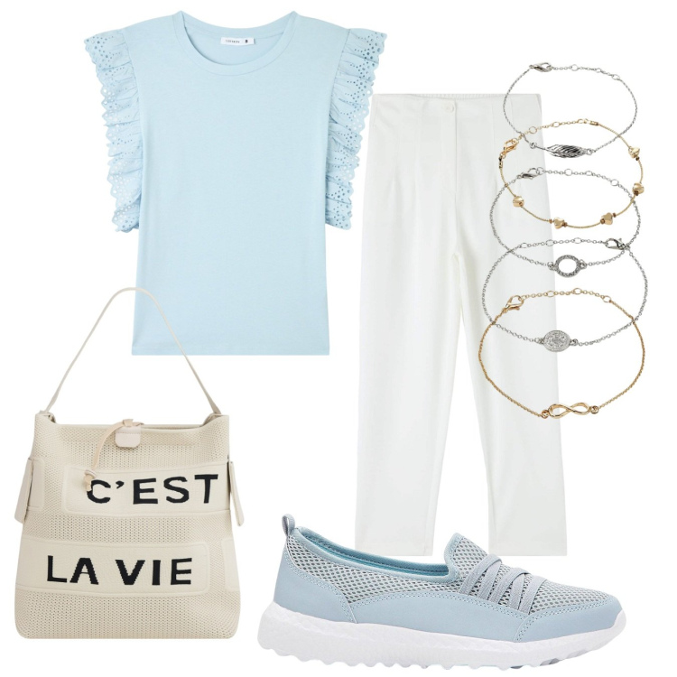Outfit donna - Pomeriggio esco. Stile Casual per Tutti i giorni. Abbinamento con braccialetti con ciondoli, sneakers, pantaloni chino, t-shirt, borse a mano.