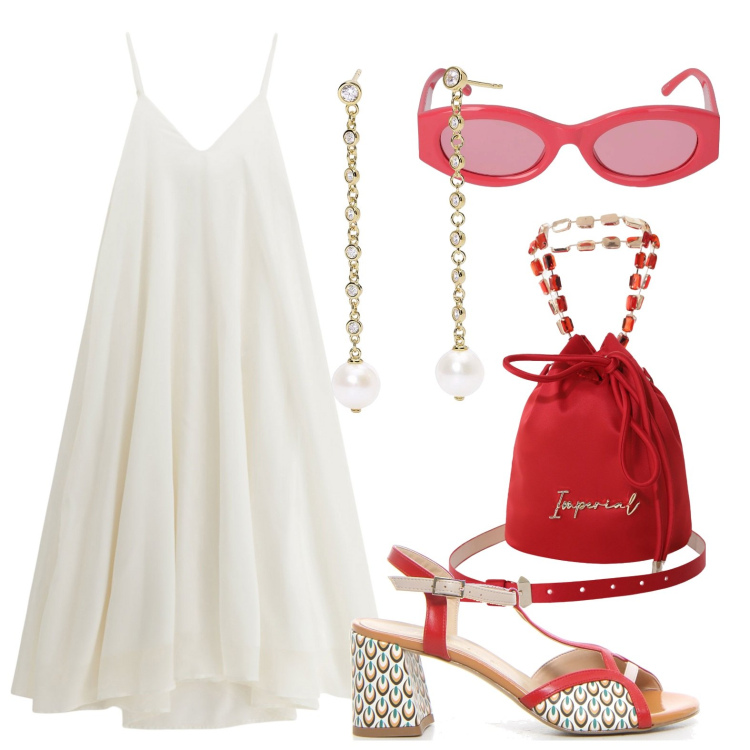 Outfit donna - Aperitivo in vacanza. Stile Romantica per Serata fuori. Abbinamento con orecchini, borse a secchiello, vestiti midi/longuette, sandali col tacco, occhiali da sole.