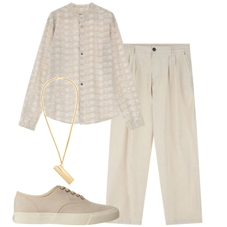 Outfit uomo - Monocromo. Stile Trendy per Tutti i giorni. Abbinamento con collane, pantaloni, camicie, sneakers.