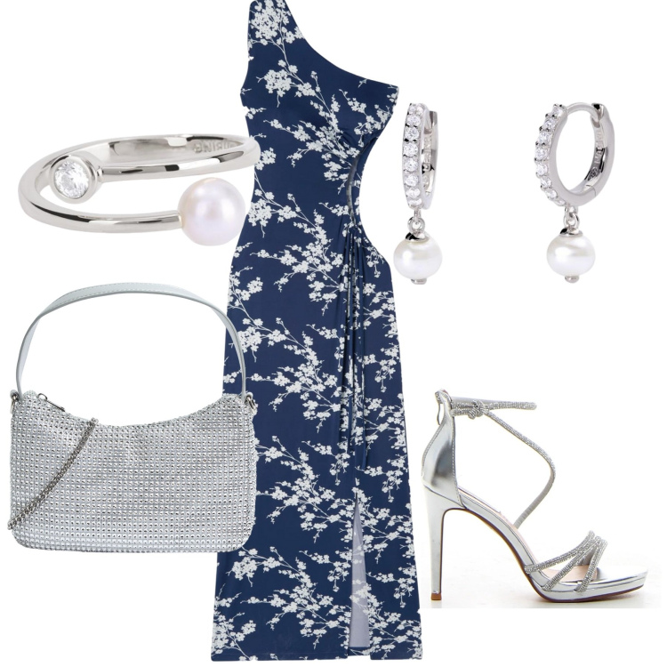 Outfit donna - Accessori protagonisti. Stile Glamour per Serata fuori. Abbinamento con borse a tracolla, vestiti asimmetrici, orecchini, anelli, sandali col tacco.