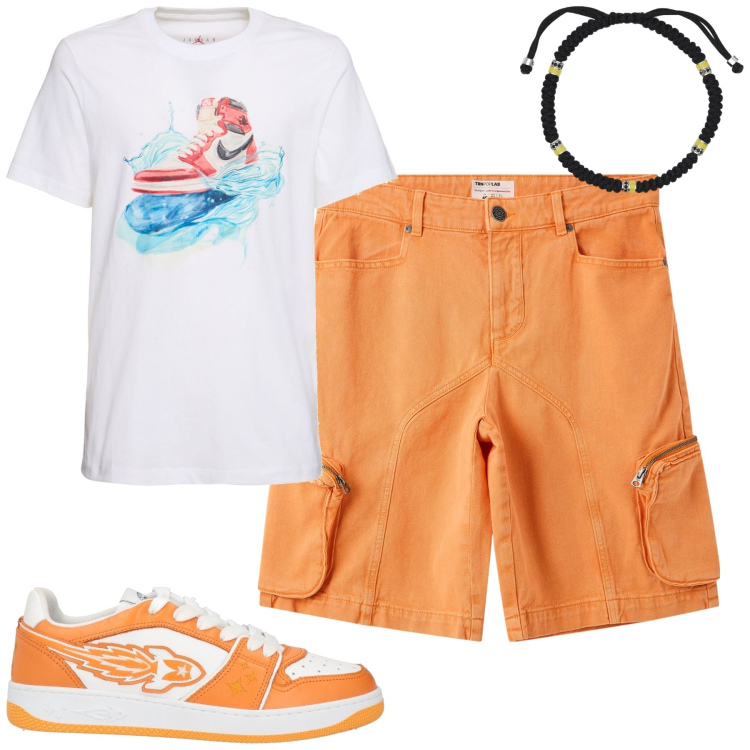 Outfit uomo - Al mare in arancio. Stile Casual per Mare. Abbinamento con sneakers, pantaloni corti, braccialetti, t-shirt.