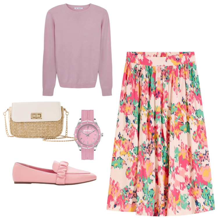 Outfit donna - Soft Pink. Stile Casual chic per Tutti i giorni. Abbinamento con mocassini, gonne longuette, shopping bag, maglieria, orologi.