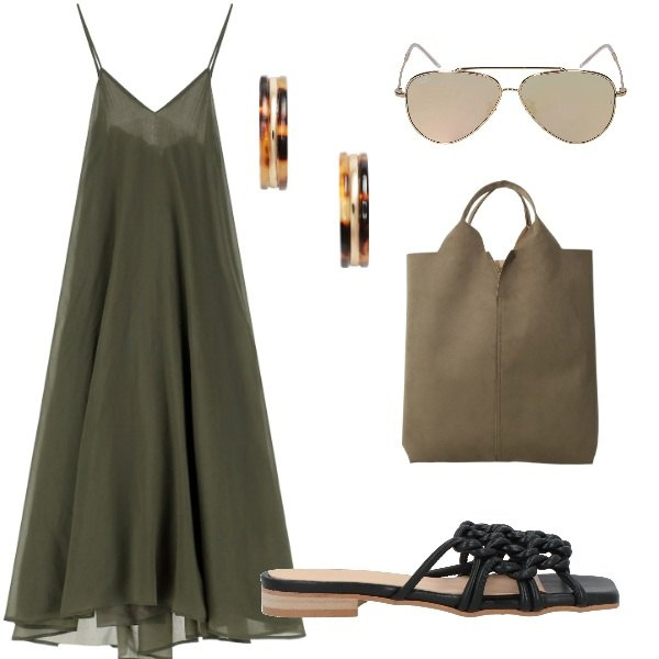 Outfit donna - Passeggiata al mare. Stile Casual chic per Serata fuori. Abbinamento con sandali in pelle, vestiti midi/longuette, shopping bag, orecchini, occhiali da sole.