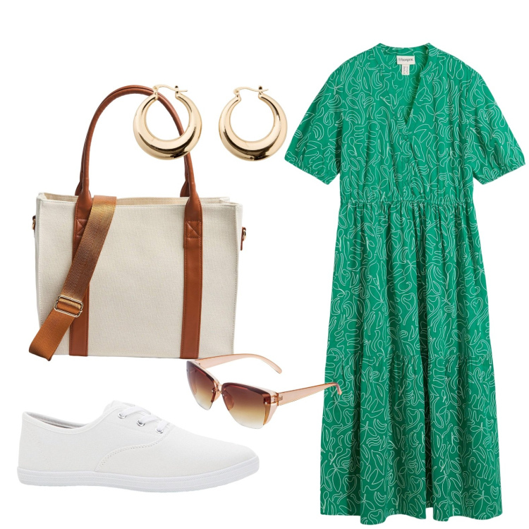 Outfit donna - City break. Stile Casual chic per Tutti i giorni. Abbinamento con sneakers, occhiali da sole, vestiti lunghi, orecchini, shopping bag.