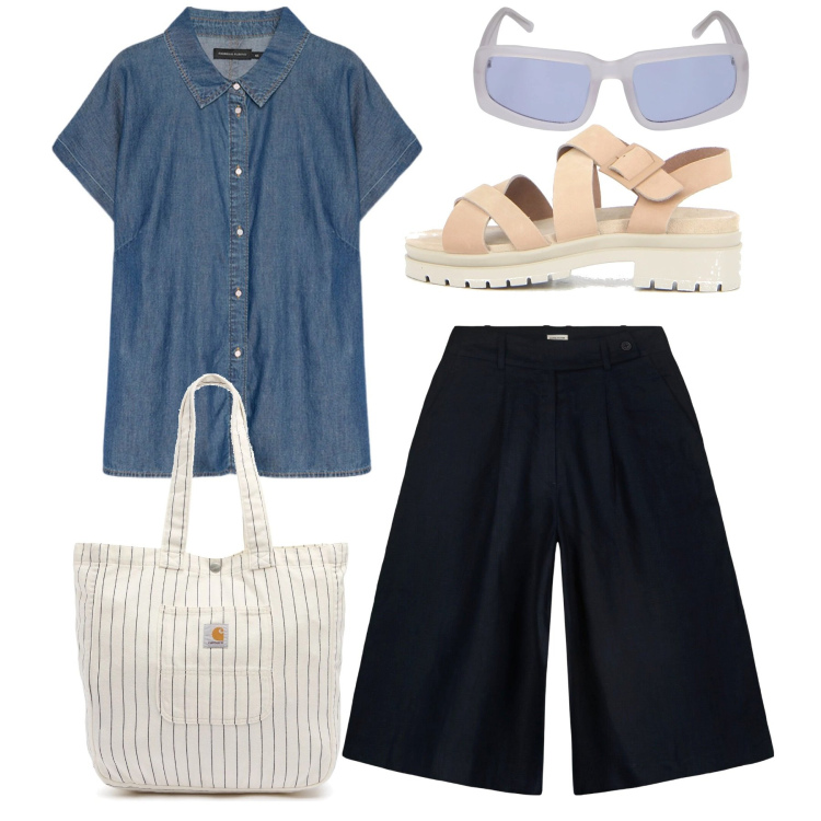 Outfit donna - Pronta per le commistioni. Stile Casual per Tutti i giorni. Abbinamento con camicie a manica corta, bermuda, occhiali da sole, borse tote, sandali.