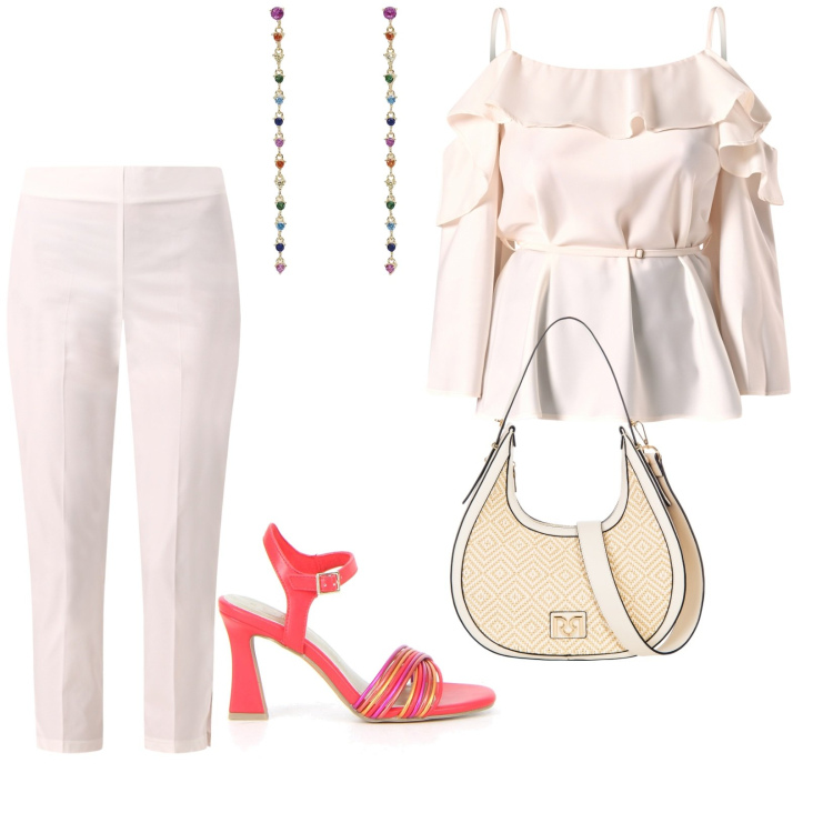 Outfit donna - In ufficio. per Ufficio. Abbinamento con orecchini, borse a mano, bluse, pantaloni skinny, sandali col tacco.