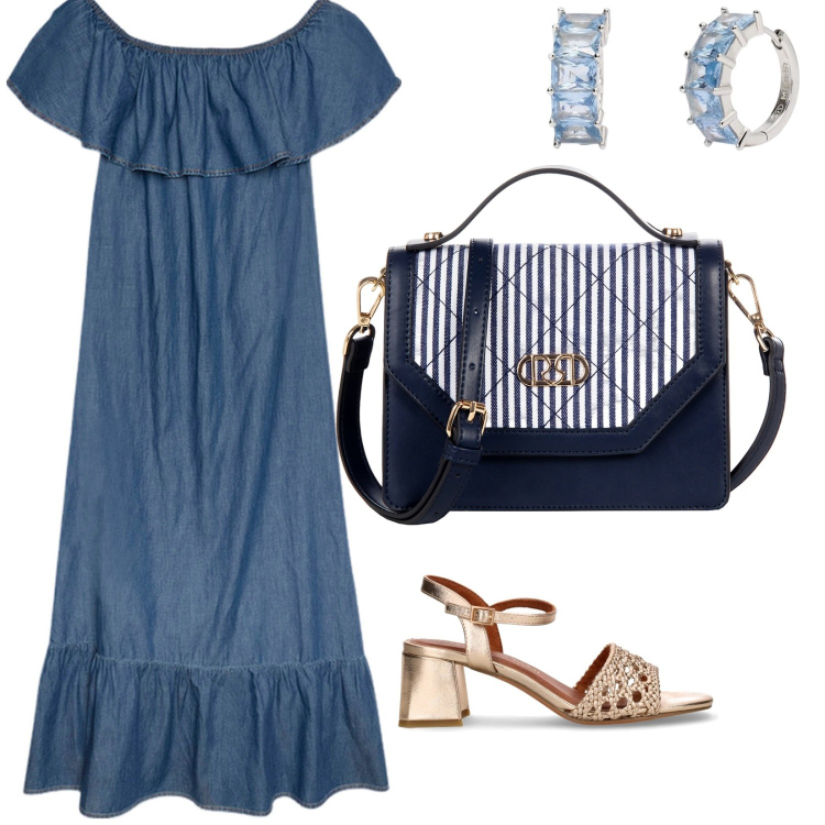 Outfit donna - Tra amiche. per Tutti i giorni. Abbinamento con orecchini, borse a mano, vestiti lunghi, sandali col tacco.