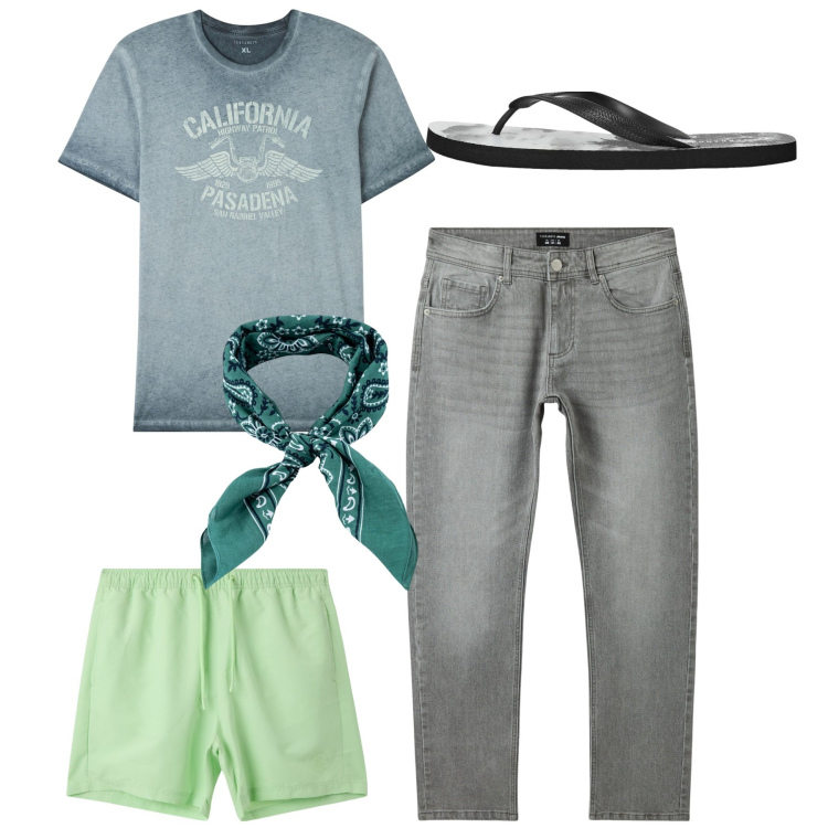 Outfit uomo - Delavè. Stile Casual per Mare. Abbinamento con t-shirt, sandali, costumi, jeans, sciarpe e foulard.
