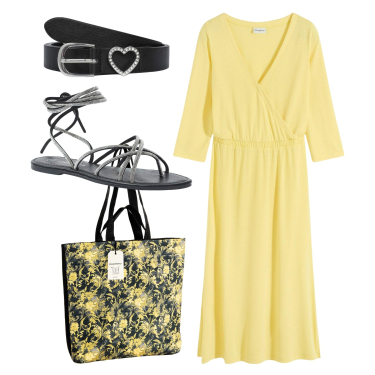 Outfit donna - Il vestito giallo limone. Stile Bon Ton per Tutti i giorni. Abbinamento con vestiti, sandali alla schiava, cinture, borse tote.