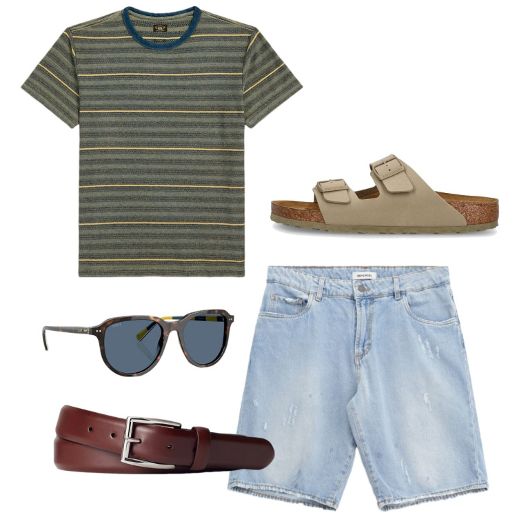 Outfit uomo - Righe estive. Stile Casual per Tutti i giorni. Abbinamento con bermuda, cinture, occhiali da sole, t-shirt, sandali.