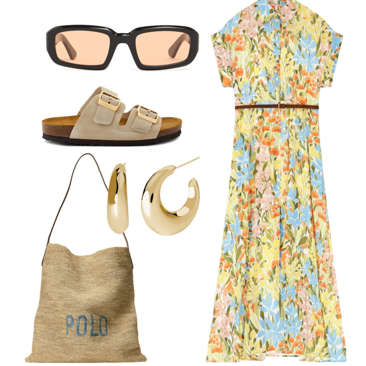 Outfit donna - Campo di fiori. Stile Romantica per Tutti i giorni. Abbinamento con orecchini, vestiti lunghi, borse tote, ciabatte, occhiali da sole.
