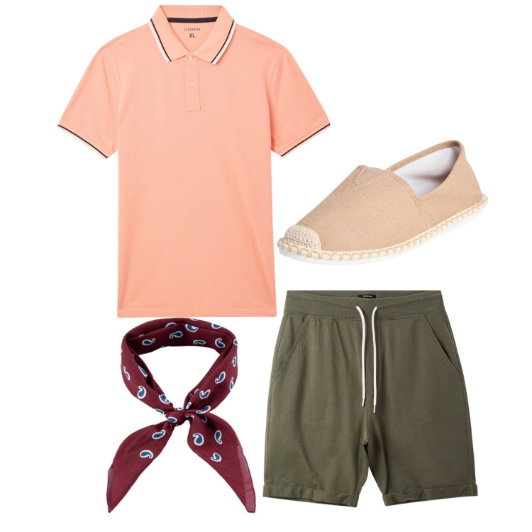 Outfit uomo - Casual con bandana. Stile Casual per Tutti i giorni. Abbinamento con espadrillas, polo, pantaloni corti, sciarpe e foulard.