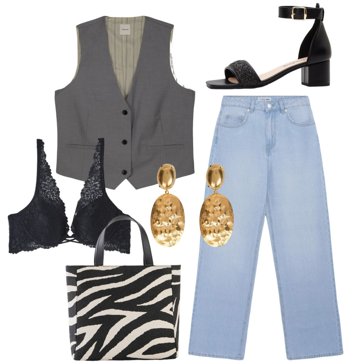 Outfit donna - Gilet e jeans. Stile Casual chic per Tutti i giorni. Abbinamento con borse a mano, sandali col tacco, jeans, reggiseni, gilet, orecchini.
