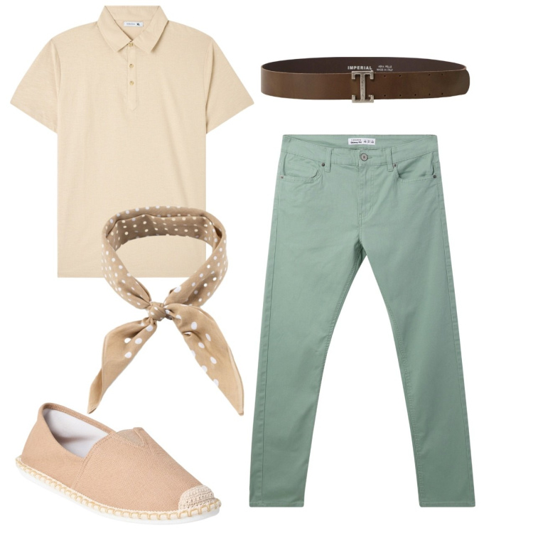 Outfit uomo - Pastello. Stile Casual per Tutti i giorni. Abbinamento con polo, espadrillas, pantaloni skinny, cinture, sciarpe e foulard.
