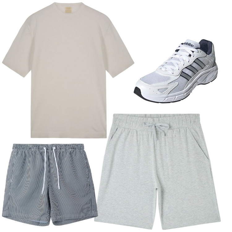 Outfit uomo - Mare. Stile Casual per Mare. Abbinamento con costumi, pantaloni corti, t-shirt, sneakers.