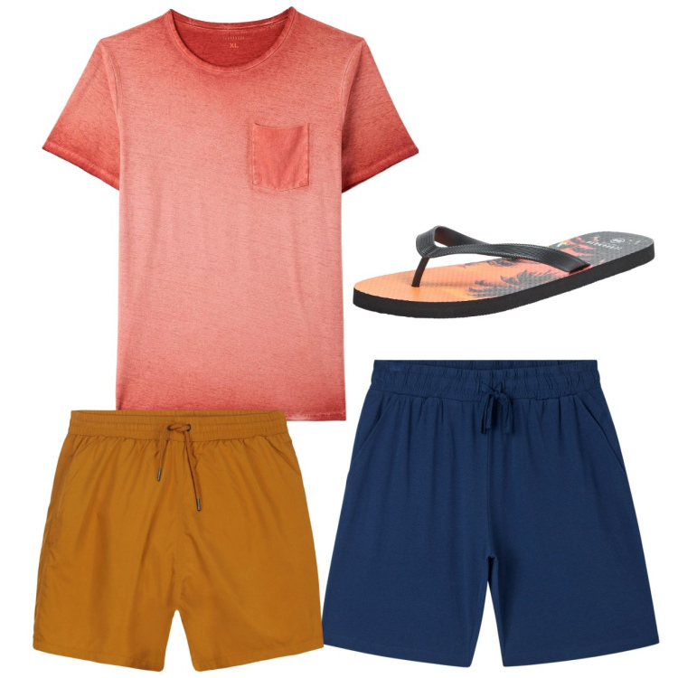 Outfit uomo - Colors. Stile Casual per Mare. Abbinamento con t-shirt, sandali, pantaloni corti, costumi.