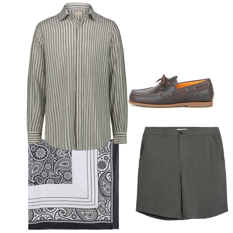 Outfit uomo - In città. Stile Casual per Tutti i giorni. Abbinamento con sciarpe e foulard, pantaloni corti, camicie, scarpe stringate.