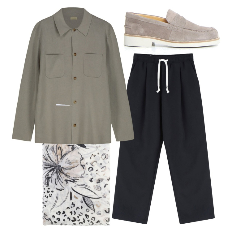 Outfit uomo - Chic. Stile Casual per Serata speciale. Abbinamento con pantaloni, sciarpe e foulard, cardigans, scarpe stringate.