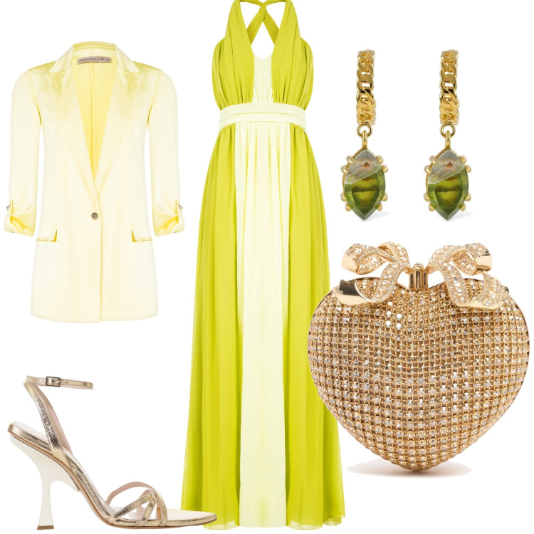 Outfit donna - Wedding guest. Stile Glamour per Cerimonia. Abbinamento con sandali col tacco, vestiti lunghi, blazer, pochette, orecchini.