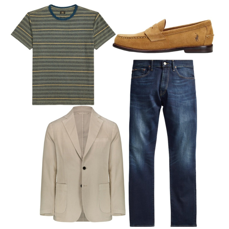 Outfit uomo - Giacca e tshirt. Stile Casual per Tutti i giorni. Abbinamento con jeans, t-shirt, scarpe stringate, giacche.