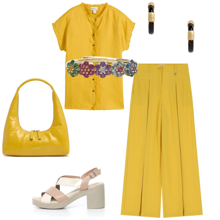 Outfit donna - Total look #2186461. Stile Bon Ton Abbinamento con bluse, anelli, pantaloni a palazzo, orecchini, borse a spalla, sandali col tacco.