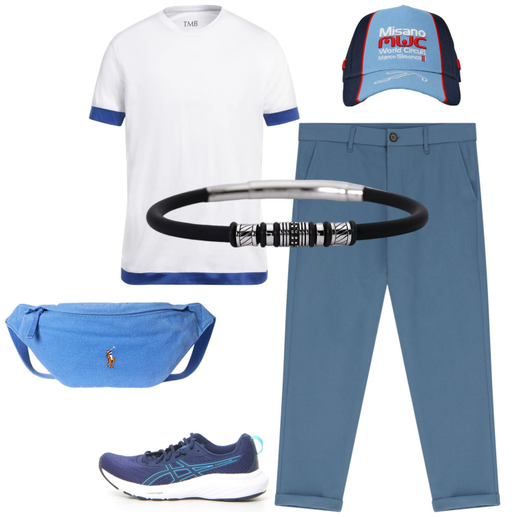 Outfit uomo - Total look #2186466. Abbinamento con t-shirt, cappelli, braccialetti, pantaloni chino, borse sportive, scarpe sportive.