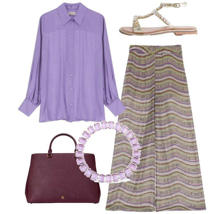 Outfit donna - Malva. Stile Chic per Cerimonia. Abbinamento con pantaloni, camicie, sandali, borse a mano, collane.