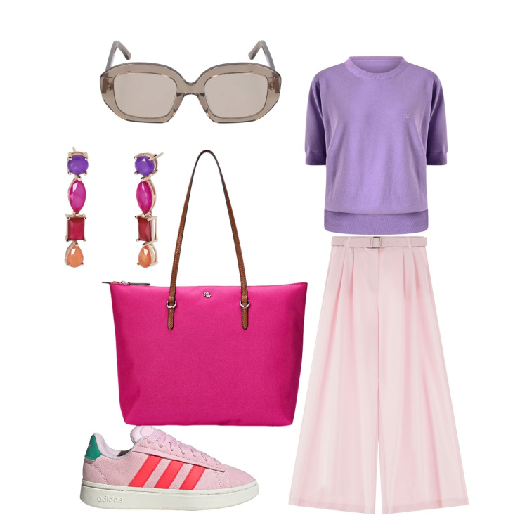 Outfit donna - City break. Stile Casual chic per Tutti i giorni. Abbinamento con pantaloni a palazzo, orecchini, maglieria, borse tote, occhiali da sole, sneakers.