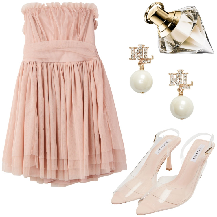 Outfit donna - Rosa confetto. Stile Romantica per Cerimonia. Abbinamento con profumi, sandali col tacco, vestiti corti, orecchini.