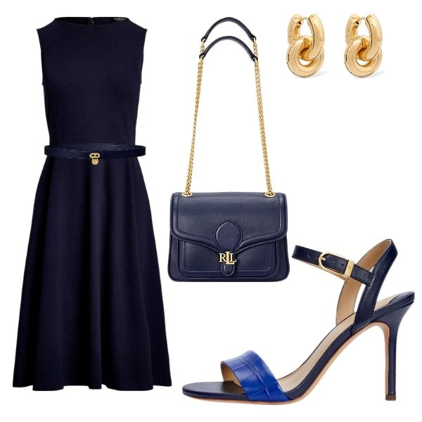 Outfit donna - blu di sera. Stile Basic per Serata fuori. Abbinamento con vestiti senza maniche, cinture, borse a spalla, sandali in pelle, orecchini.