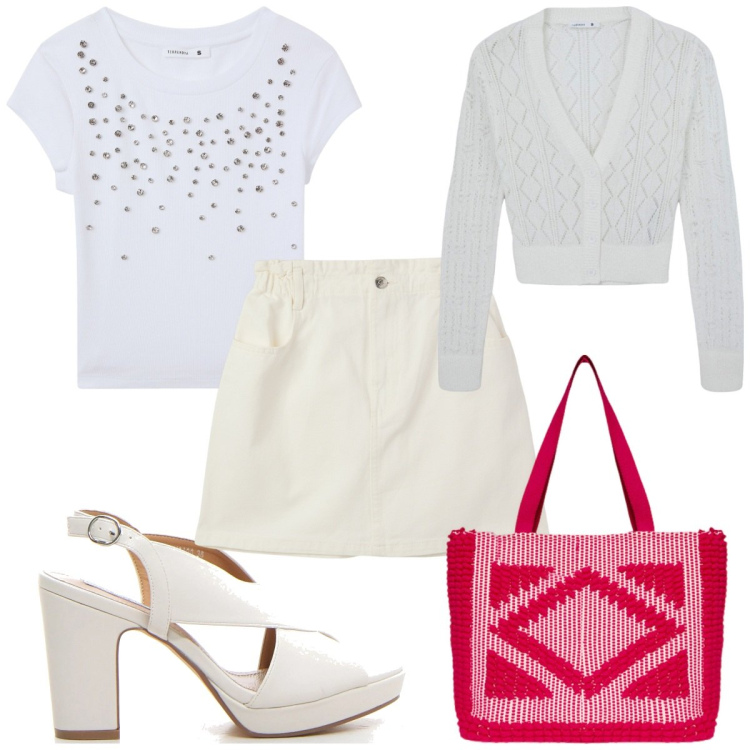Outfit donna - Bianco curvy power: trendy in città. Stile Trendy per Tutti i giorni. Abbinamento con minigonne, cardigans, t-shirt, borse a mano, sandali col tacco.