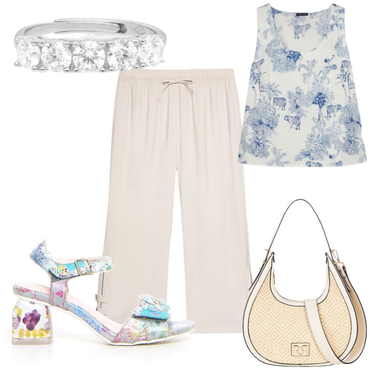 Outfit donna - Bianco curvy power: sopra la taglia 50. Stile Trendy per Tutti i giorni. Abbinamento con anelli, borse a mano, pantaloni, top, sandali col tacco.