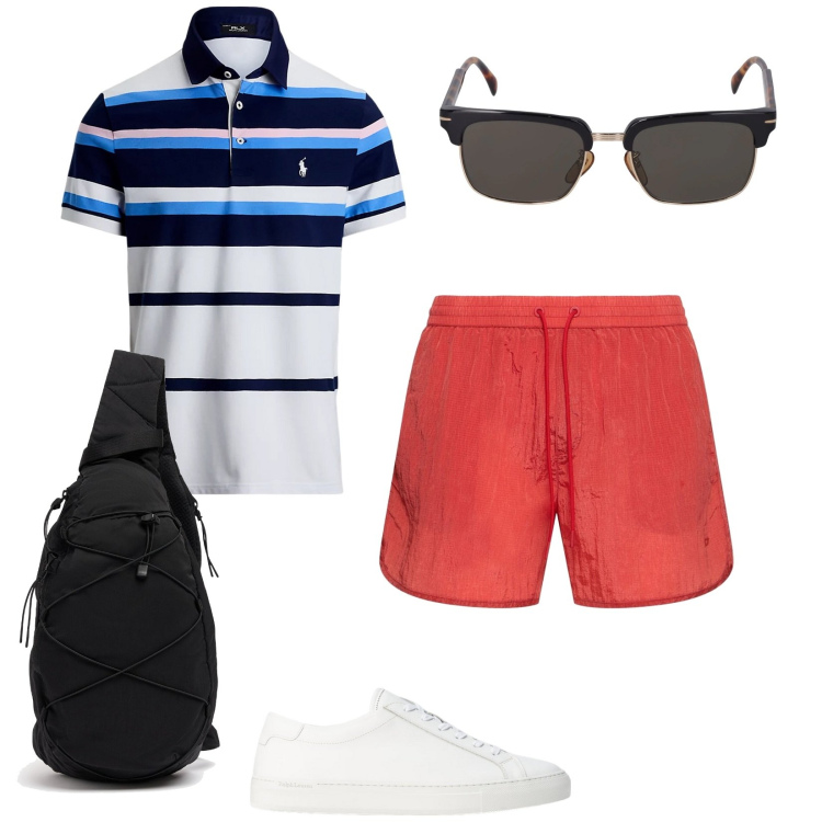 Outfit uomo - Comodo trendy e funzionale. Stile Trendy per Tutti i giorni. Abbinamento con sneakers, polo, occhiali da sole, borse sportive, shorts.