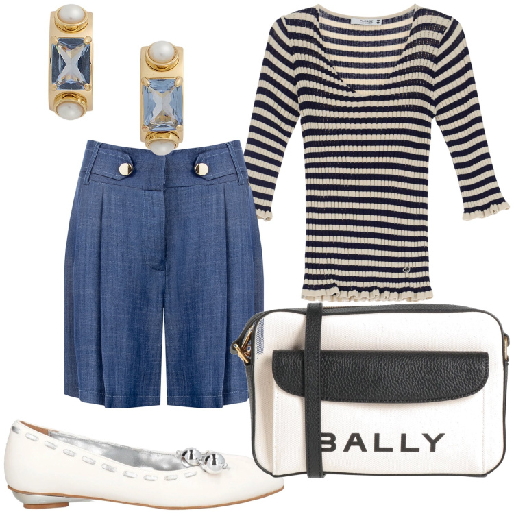 Outfit donna - Una marinaretta in città. Stile Urban per Tutti i giorni. Abbinamento con ballerine, borse a tracolla, bermuda, pullovers, orecchini.