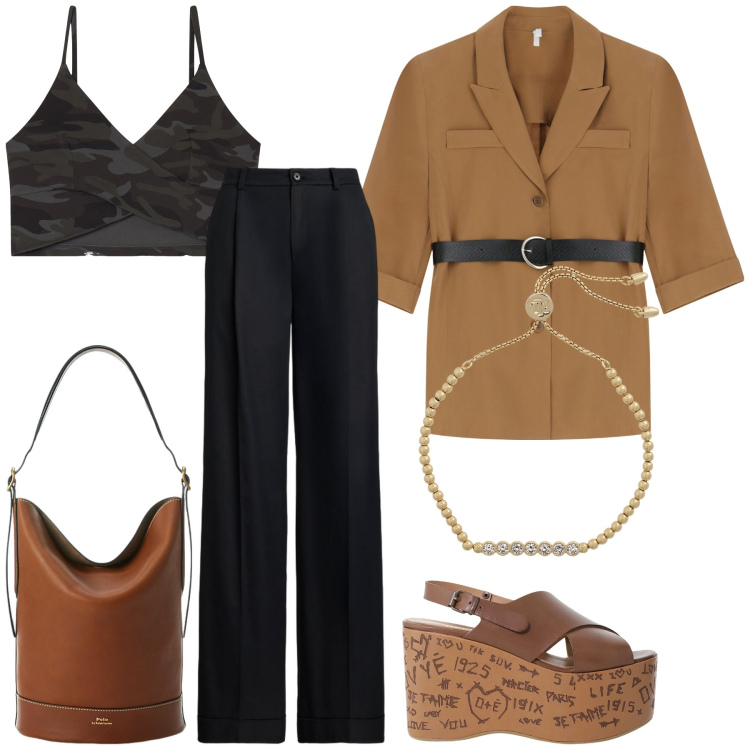 Outfit donna - Città. Stile Trendy per Tutti i giorni. Abbinamento con blazer, zeppe, top, pantaloni, borse a secchiello, braccialetti.