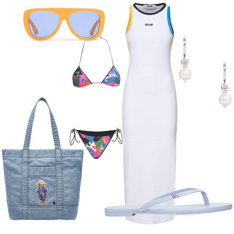 Outfit donna - Le perle stan bene sempre. Stile Glamour per Mare. Abbinamento con orecchini, borse tote, ciabatte, occhiali da sole, vestiti midi/longuette, bikini.
