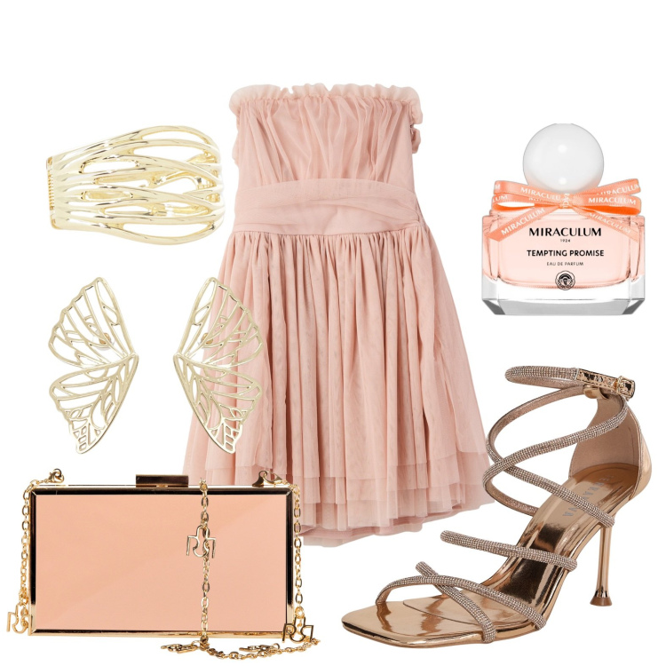 Outfit donna - Wedding guest. Stile Glamour per Cerimonia. Abbinamento con profumi, vestiti corti, sandali col tacco, pochette, braccialetti, orecchini.