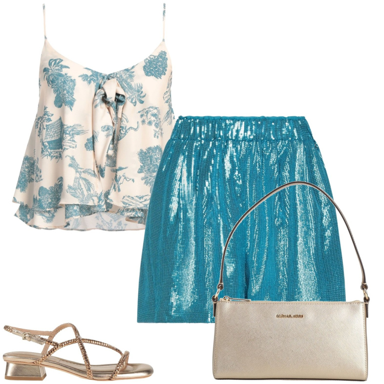 Outfit mujer - Sexy #657. Estilo Sexy para Noche/Fiesta elegante. Combinación con bermudas, top, sandalias de tacón, bolsos de mano.