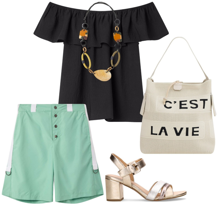 Outfit donna - In città. per Tutti i giorni. Abbinamento con bluse, bermuda, borse a mano, collane, sandali col tacco.