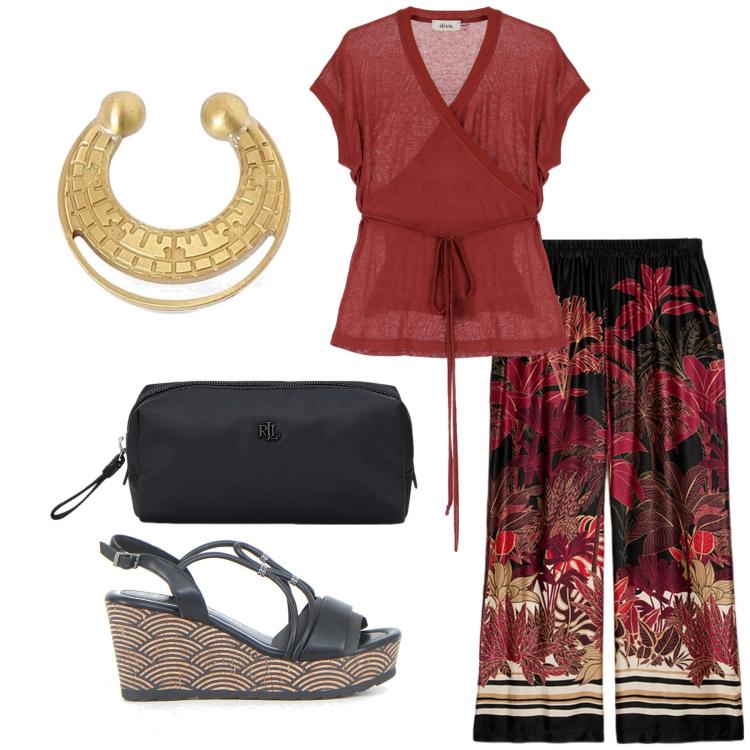 Outfit donna - Total look #2186508. Stile Etnico per Tutti i giorni. Abbinamento con top, pochette, pantaloni, orecchini, sandali in pelle.