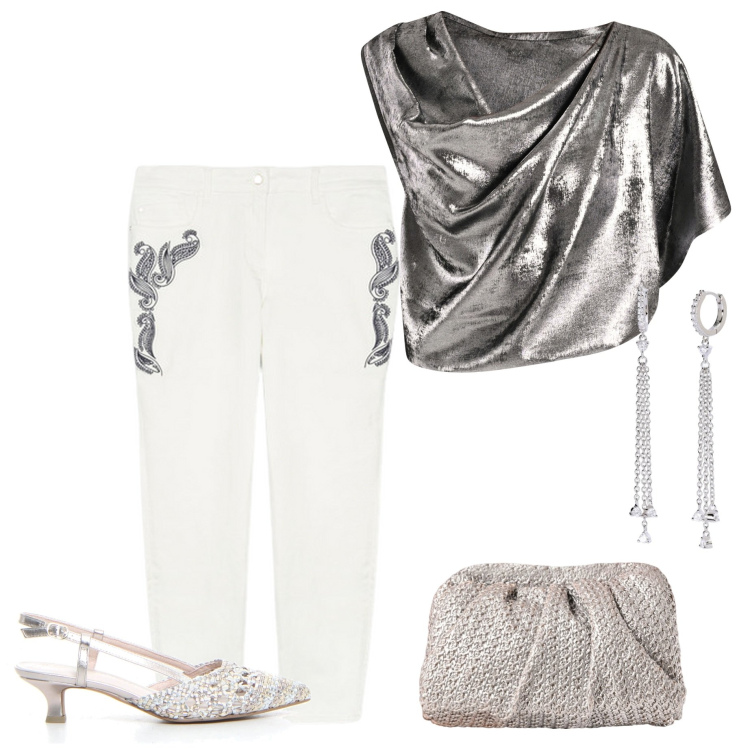 Outfit donna - Focus donna curvy. Stile Chic per Serata fuori. Abbinamento con orecchini, bluse, clutch, pantaloni, sandali col tacco.