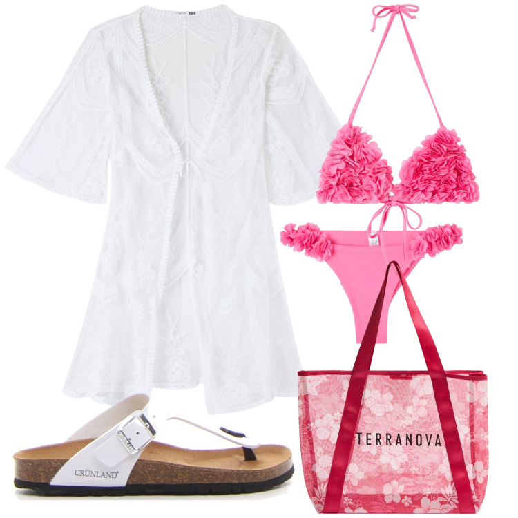 Outfit donna - Caftano come copricostume. Stile Casual per Mare. Abbinamento con shopping bag, bikini, caftani, bikini, infradito.