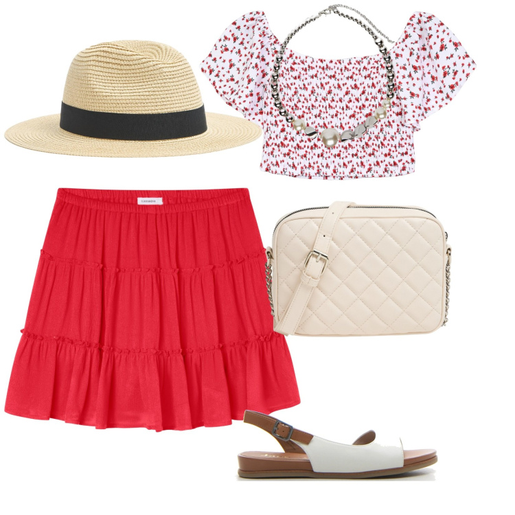 Outfit donna - Passeggiata lungo mare. per Mare. Abbinamento con cappelli, minigonne, bluse, borse a tracolla, collane, sandali.