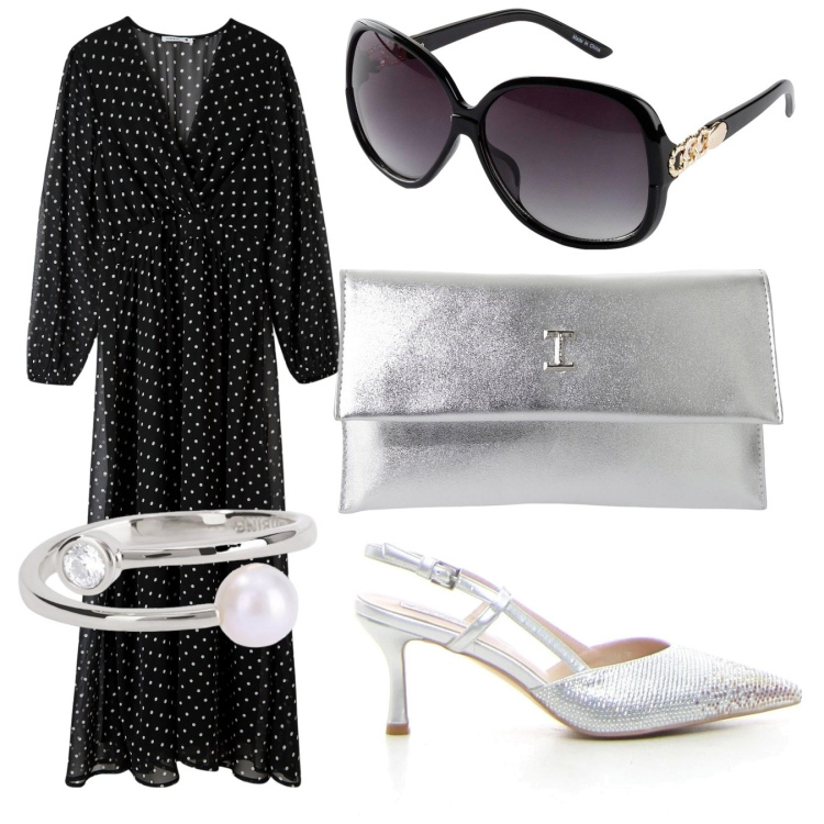 Outfit donna - Nero brillante. Stile Bon Ton per Cerimonia. Abbinamento con occhiali da sole, vestiti lunghi, anelli, pochette, décolleté.