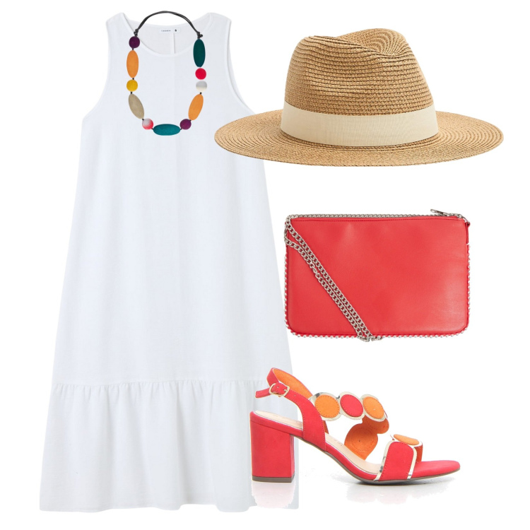 Outfit donna - Estate. per Tutti i giorni. Abbinamento con cappelli, borse a tracolla, vestiti lunghi, collane, sandali col tacco.
