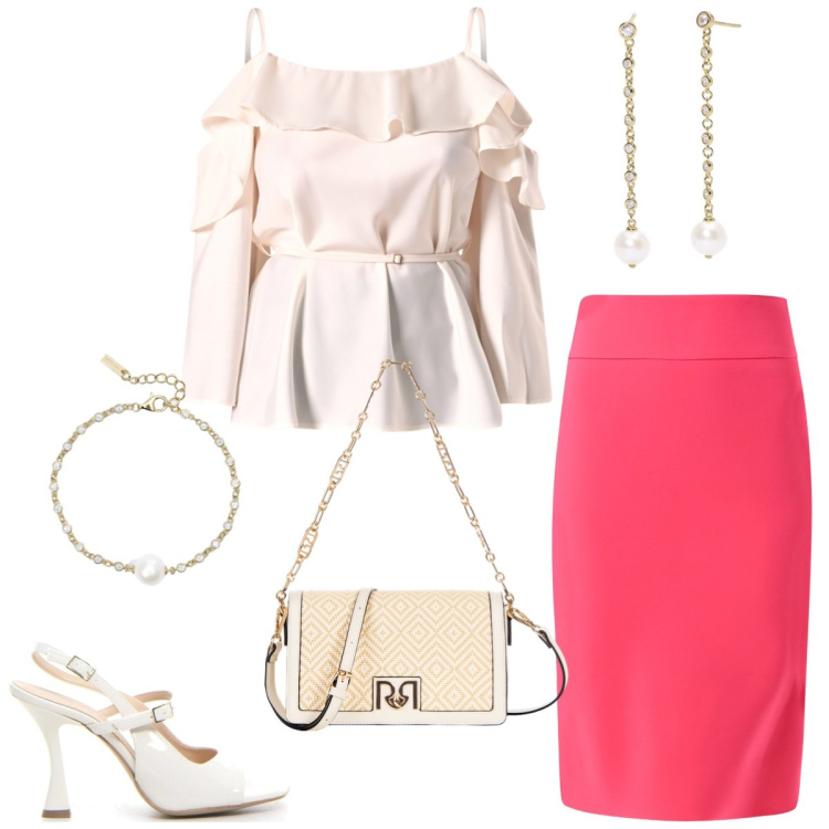 Outfit donna - Total look #2186514. Stile Chic per Tutti i giorni. Abbinamento con orecchini, braccialetti, gonne, borse a tracolla, bluse, sandali col tacco.