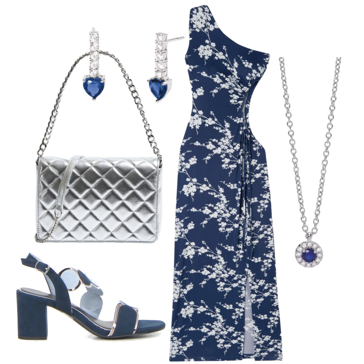 Outfit donna - Serata monospalla & cut-out. Stile Chic per Serata fuori. Abbinamento con vestiti asimmetrici, borse a tracolla, collane, orecchini, sandali col tacco.