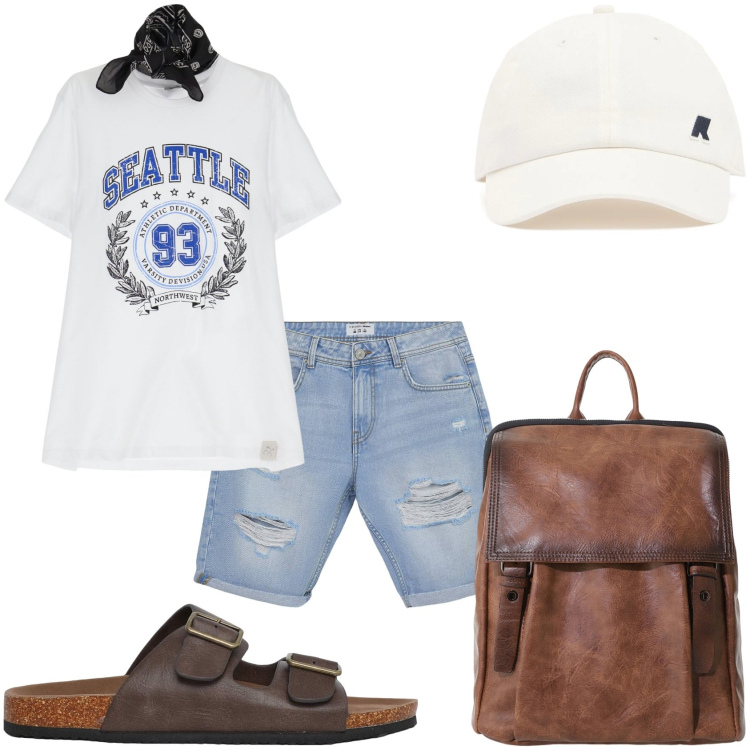Outfit uomo - Bermuda jeans e maglietta. Stile Casual per Tutti i giorni. Abbinamento con bermuda, sandali, t-shirt, borse sportive, cappelli.